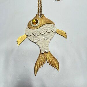 Large Fish Pendant Necklace Enamel Figural Goldfish Gold Tone Scales Ocean